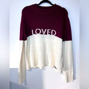 Peace Love World Burgundy and Cream Sweater